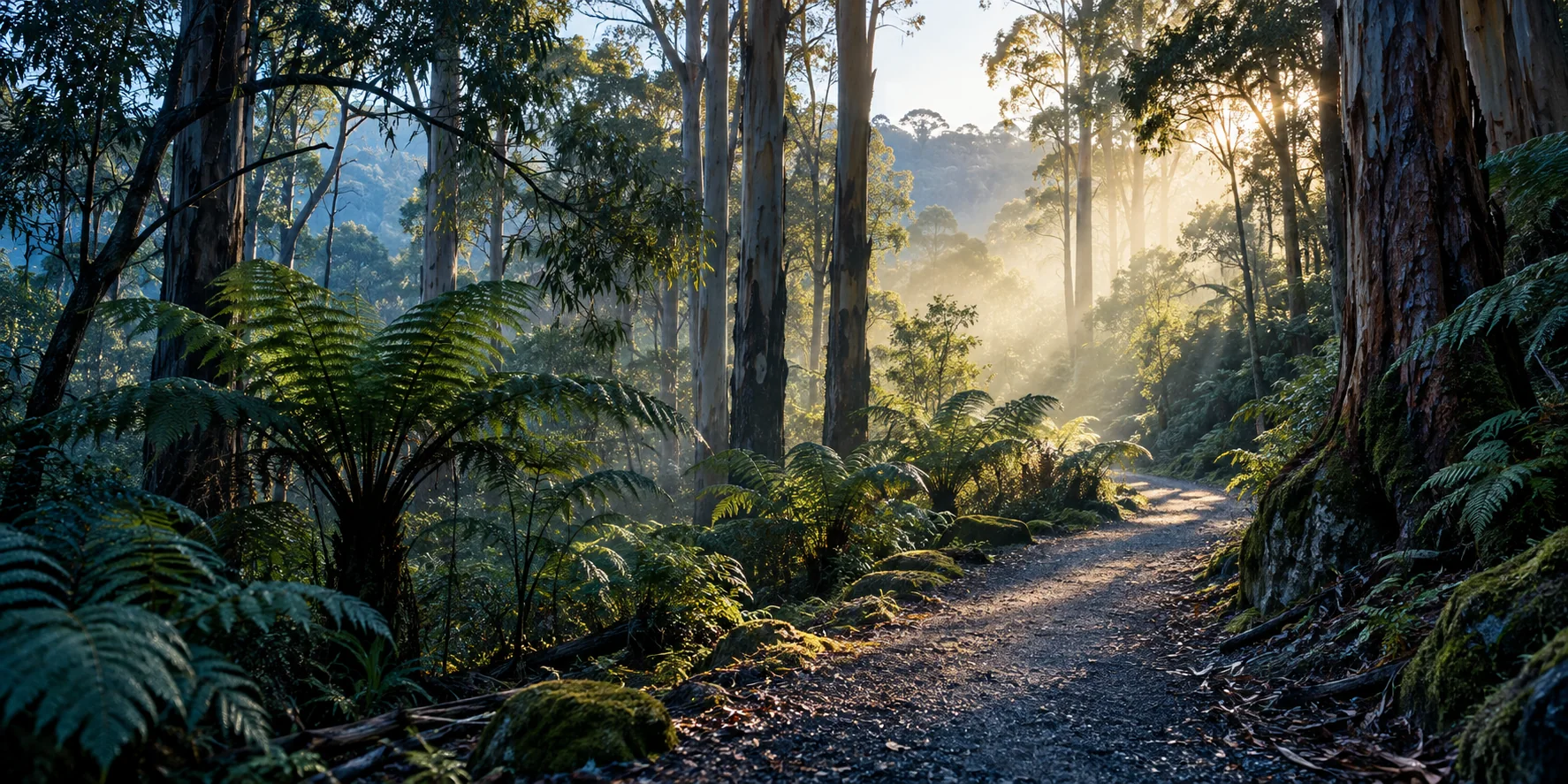 A forest path opening into gentle morning light